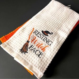 Resting Witch Face Hand / Dish Towels 2 Pc Halloween Kitchen Towel Set